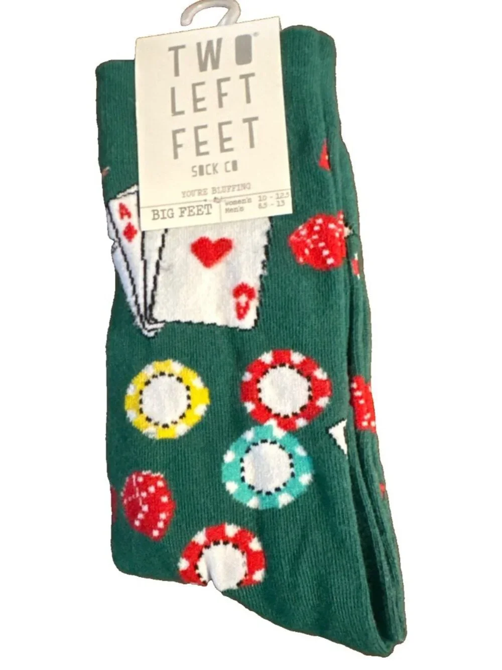 Unisex Two Left Feet Youre Bluffing Green Poker Themed Socks Big Feet NEW